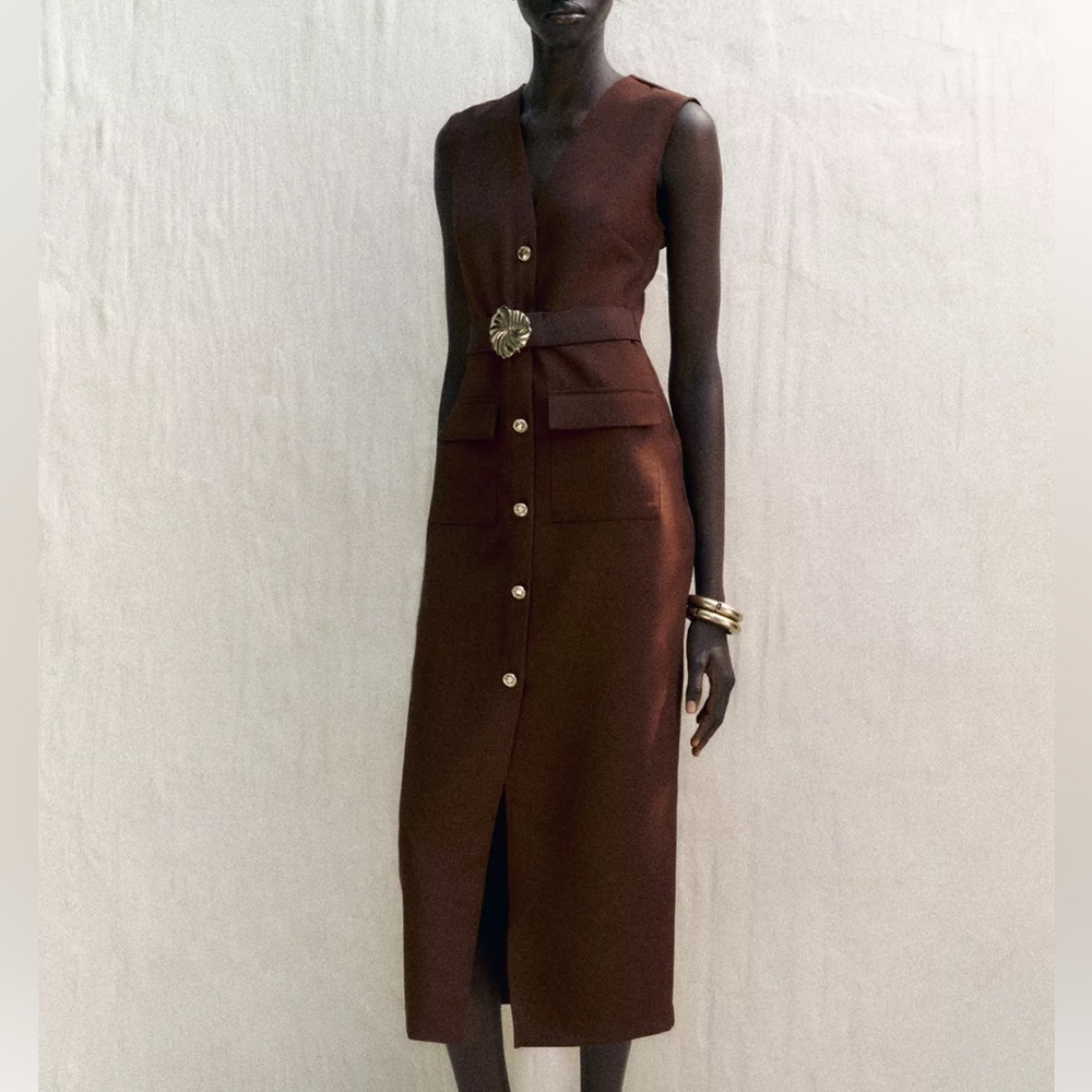 NWT ZARA BELTED CREPE MIDI DRESS SIZE XS